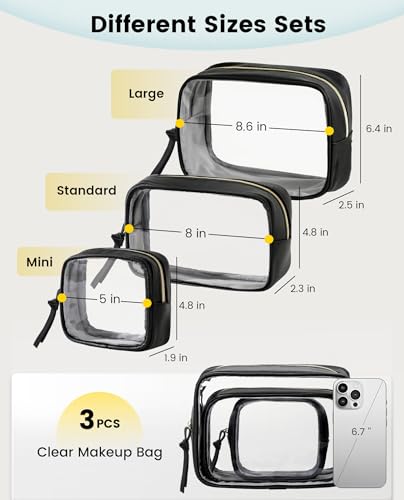 Vorspack Travel Makeup Bag - 3 Pack Travel Toiletry Bag for Women Clear Cosmetic Bag Makeup Organizer Zipper Pouch for Travel Essentials Storage - Black - Image 2