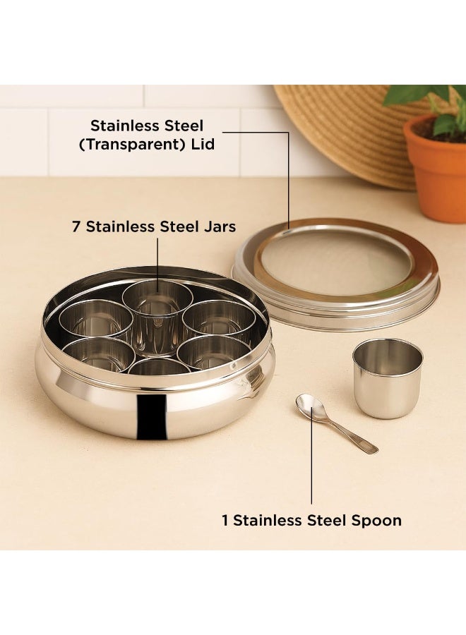 Kraft Belly Shape Stainless Steel Masala Box with 7 Removable Containers & Spoon, Airtight Spice Box with Acrylic Lid, Preserve Flavors, Mirror Finish, BPA Free - Medium - Image 4
