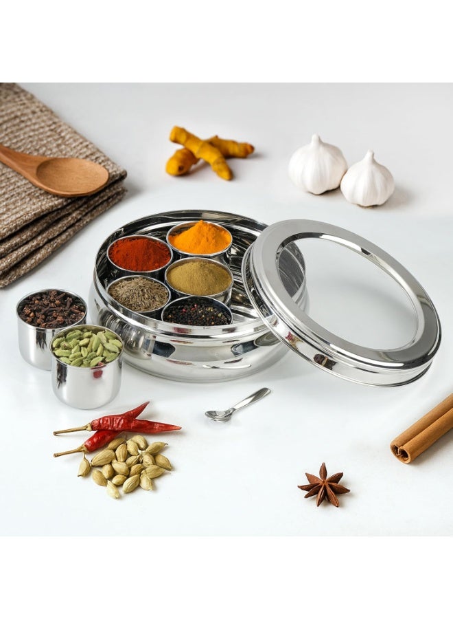 Kraft Belly Shape Stainless Steel Masala Box with 7 Removable Containers & Spoon, Airtight Spice Box with Acrylic Lid, Preserve Flavors, Mirror Finish, BPA Free - Medium - Image 3