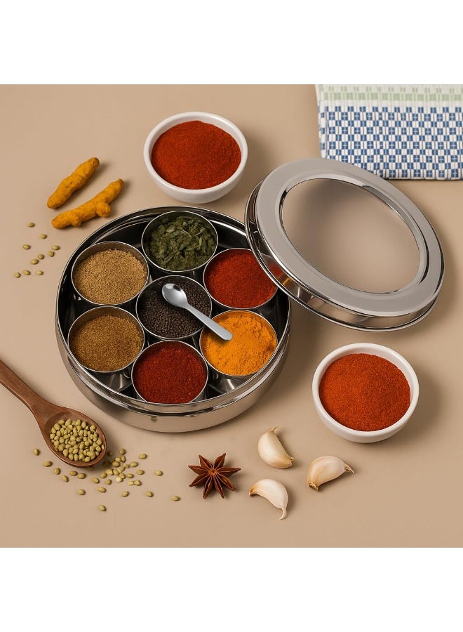 Kraft Belly Shape Stainless Steel Masala Box with 7 Removable Containers & Spoon, Airtight Spice Box with Acrylic Lid, Preserve Flavors, Mirror Finish, BPA Free - Medium - Image 2