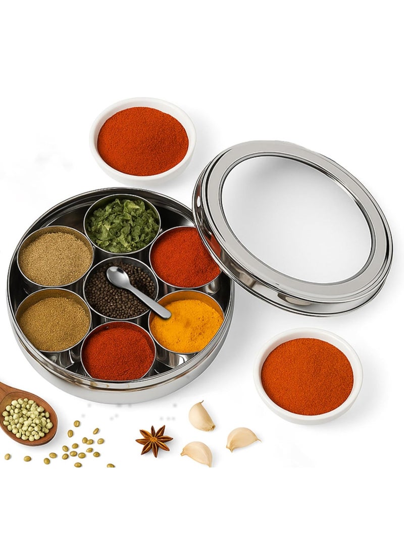 Kraft Belly Shape Stainless Steel Masala Box with 7 Removable Containers & Spoon, Airtight Spice Box with Acrylic Lid, Preserve Flavors, Mirror Finish, BPA Free - Medium - Image 1