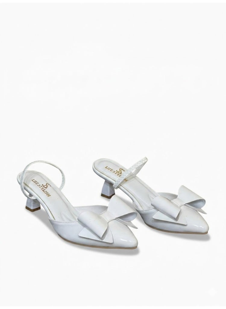 لايف ستيلاش  أحذية كعب جلد مع استيك وفيونكه F-610 - ابيض - Image 2