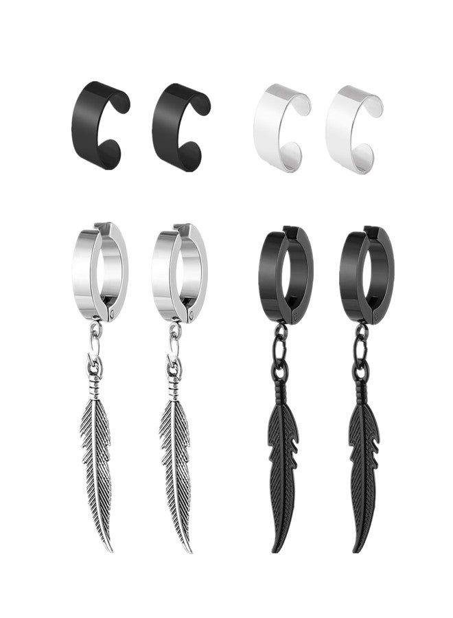 LAFATINA 4 Pairs Non-pierced Clip On Hoop Earrings Set for Men Women Stainless Steel No Piercing Feather Dangle Ear Cuff Earrings for Graduation Easter Christmas - Image 1