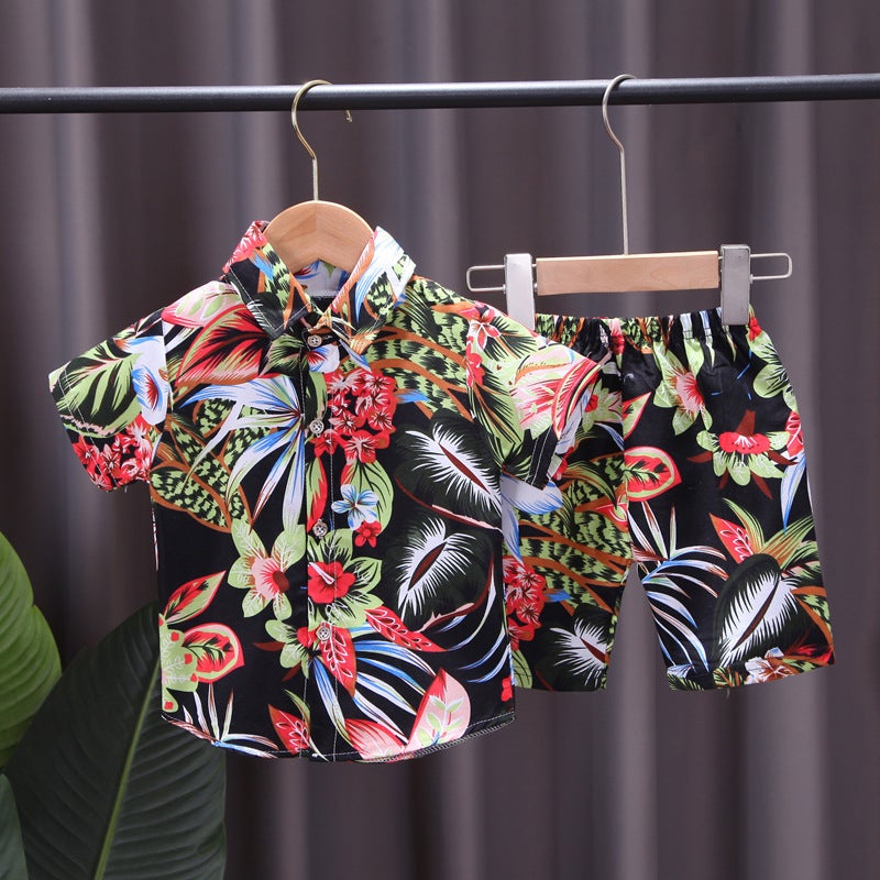 Childrens flower shirt suit small and medium-sized boys full print short sleeve T-shirt two-piece set Southeast Asian style childrens clothing wholesale Black