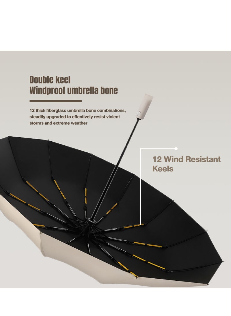 150cm Fully Automatic Umbrella, Folding Sunblock Umbrella with 12 Wind-Resistant Keels, Perfect for Stormy Weather and Strong Winds, Beige  - Image 3