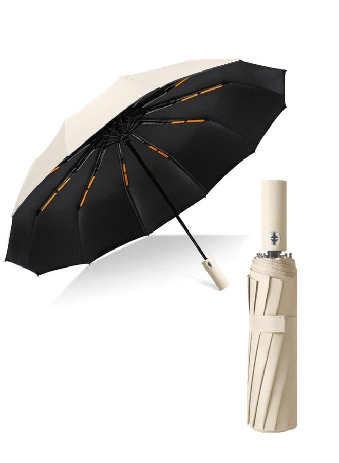 150cm Fully Automatic Umbrella, Folding Sunblock Umbrella with 12 Wind-Resistant Keels, Perfect for Stormy Weather and Strong Winds, Beige  - Image 1