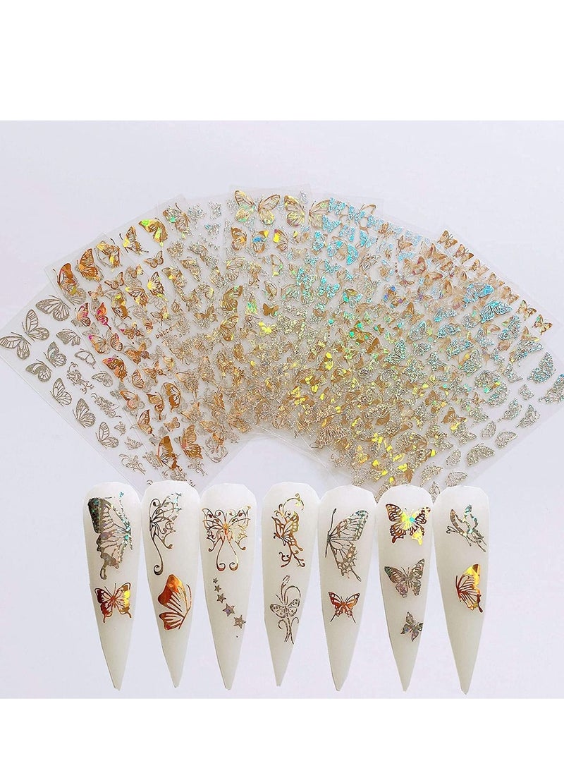 SYOSI Nail Sticker Art Adhesive Different Laser Gold and Silver Color Butterfly Shapes Art Decoration for Fake Design and Salon Nails Accessories 8 Sheets  - Image 1