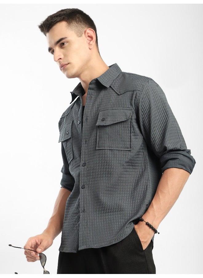Beyoung Dark Grey Textured Western Shirt  - Image 2