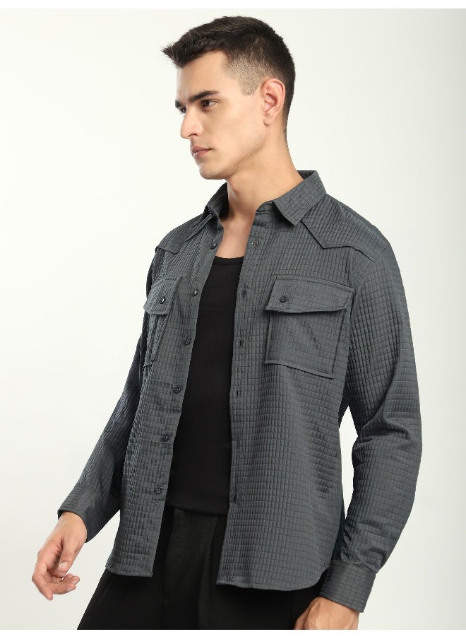 Beyoung Dark Grey Textured Western Shirt  - Image 5