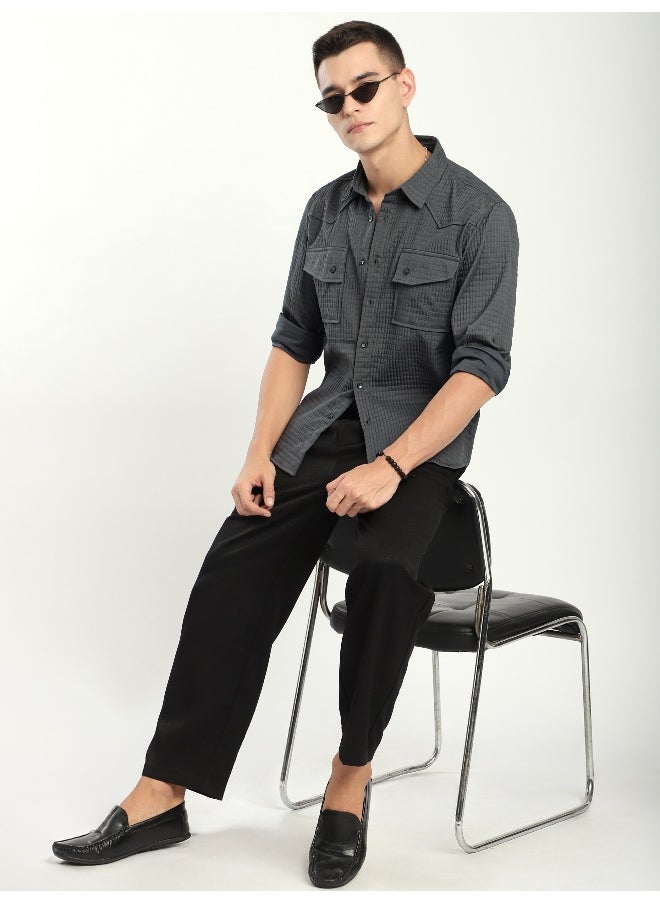 Beyoung Dark Grey Textured Western Shirt  - Image 3
