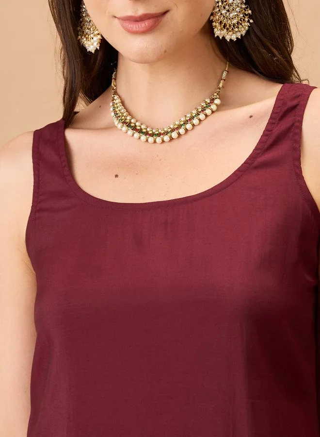 globus Sleeveless Gotta Lace Hem Straight Kurta and Pant Festive Set