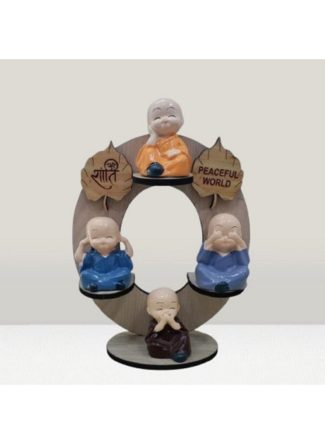 Ravya Emporium - 4 Adorable Laughing Buddha Monk Figurines with Wooden Stand for Peaceful Home Décor & Office Décor Special Gifting, Ideal for Living Room, Meditation Spaces