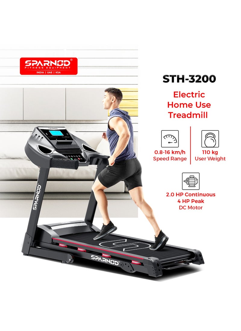 Sparnod Fitness Sparnod Fitness STH-3200: محرك DC بقوة 4 حصان، جهاز مشي بسرعة 16 كم/ساعة، وحدة تحكم متقدمة مع 12 برنامجًا محددًا مسبقًا، يدعم وزن المستخدم 110 كجم، قابل للطي هيدروليكيًا، مكبرات صوت مدمجة  - Image 2