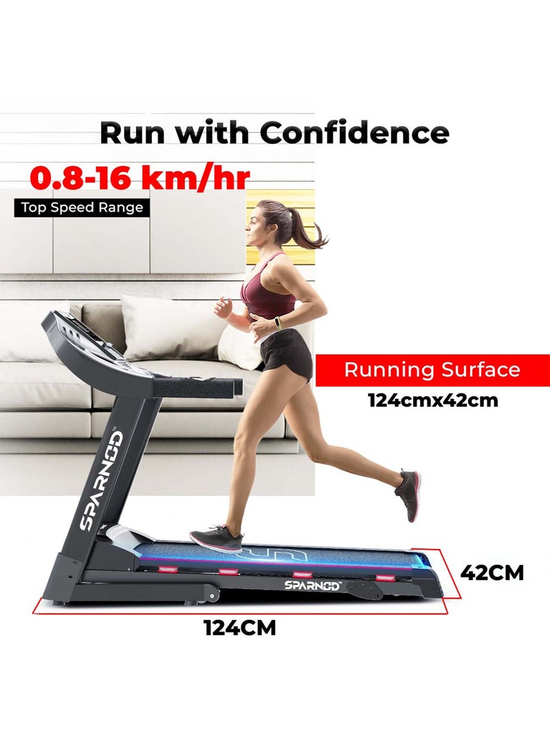 Sparnod Fitness Sparnod Fitness STH-3200: محرك DC بقوة 4 حصان، جهاز مشي بسرعة 16 كم/ساعة، وحدة تحكم متقدمة مع 12 برنامجًا محددًا مسبقًا، يدعم وزن المستخدم 110 كجم، قابل للطي هيدروليكيًا، مكبرات صوت مدمجة  - Image 3