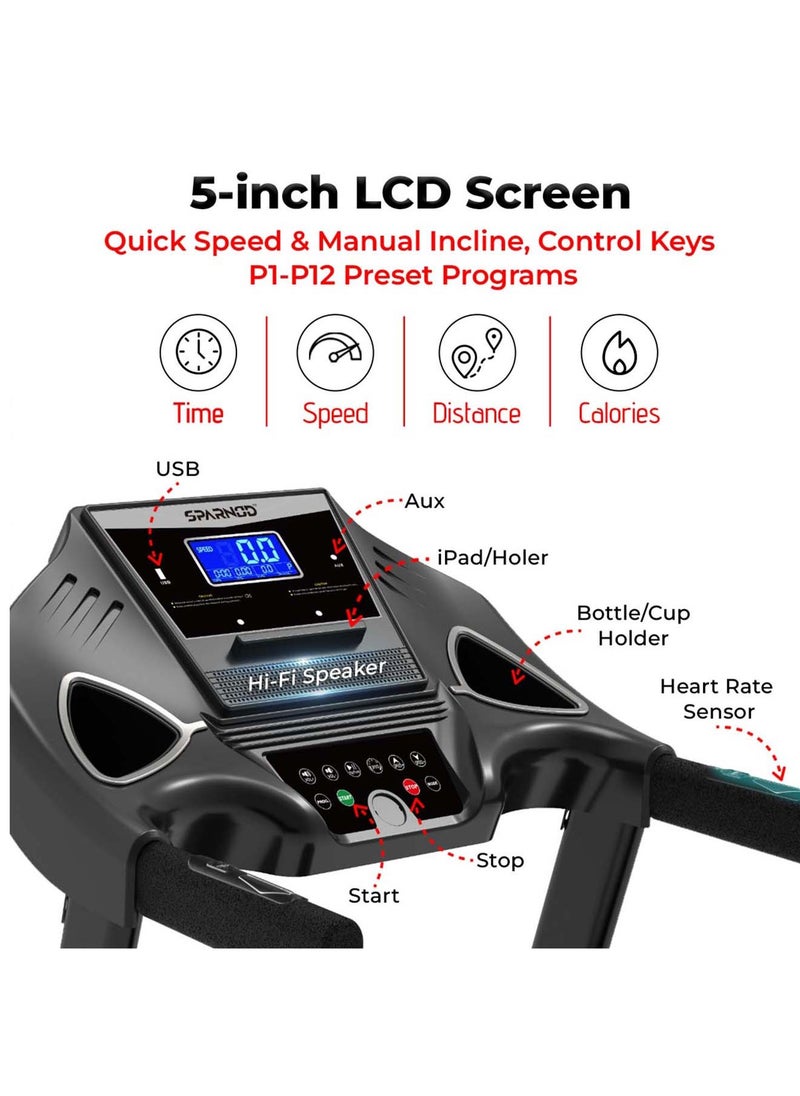 Sparnod Fitness Sparnod Fitness STH-3200: محرك DC بقوة 4 حصان، جهاز مشي بسرعة 16 كم/ساعة، وحدة تحكم متقدمة مع 12 برنامجًا محددًا مسبقًا، يدعم وزن المستخدم 110 كجم، قابل للطي هيدروليكيًا، مكبرات صوت مدمجة  - Image 5