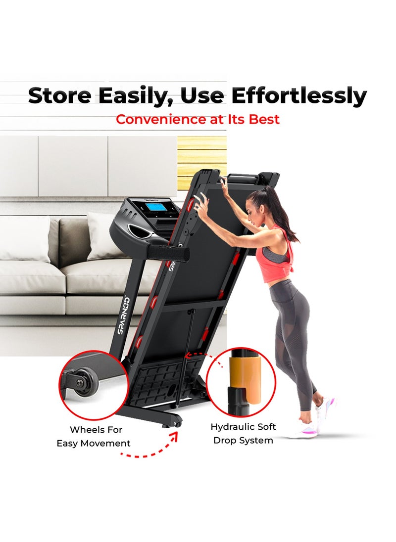 Sparnod Fitness Sparnod Fitness STH-3200: محرك DC بقوة 4 حصان، جهاز مشي بسرعة 16 كم/ساعة، وحدة تحكم متقدمة مع 12 برنامجًا محددًا مسبقًا، يدعم وزن المستخدم 110 كجم، قابل للطي هيدروليكيًا، مكبرات صوت مدمجة  - Image 4