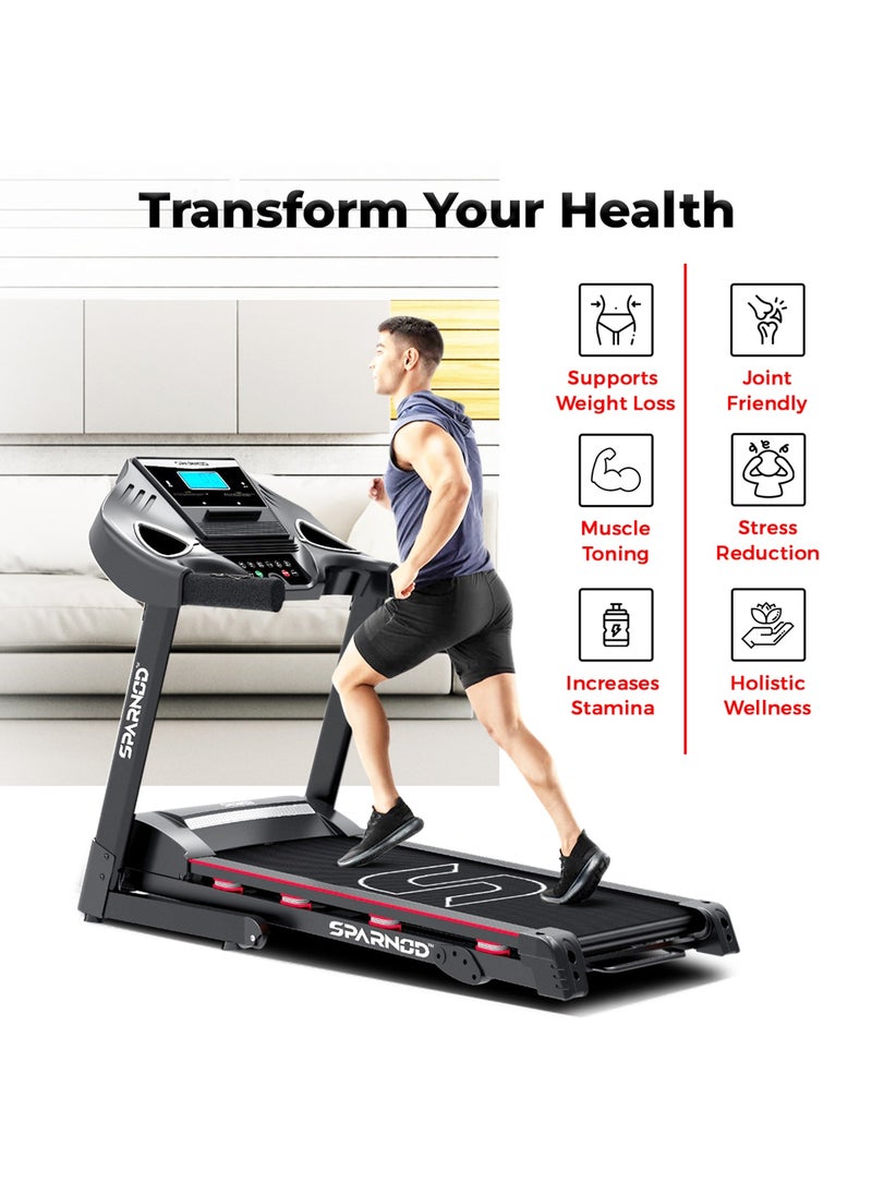 Sparnod Fitness - STH-3200: 4 Hp Peak Dc Motor, 16 Km/H Treadmill, Advanced Console With 12 Pre-Set Programs, Supports 110 Kg User Weight, Hydraulic Foldable, Inbuilt Speakers - Image 1