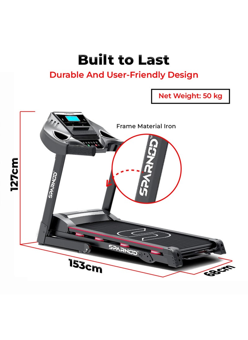 Sparnod Fitness - STH-3200: 4 Hp Peak Dc Motor, 16 Km/H Treadmill, Advanced Console With 12 Pre-Set Programs, Supports 110 Kg User Weight, Hydraulic Foldable, Inbuilt Speakers - Image 1