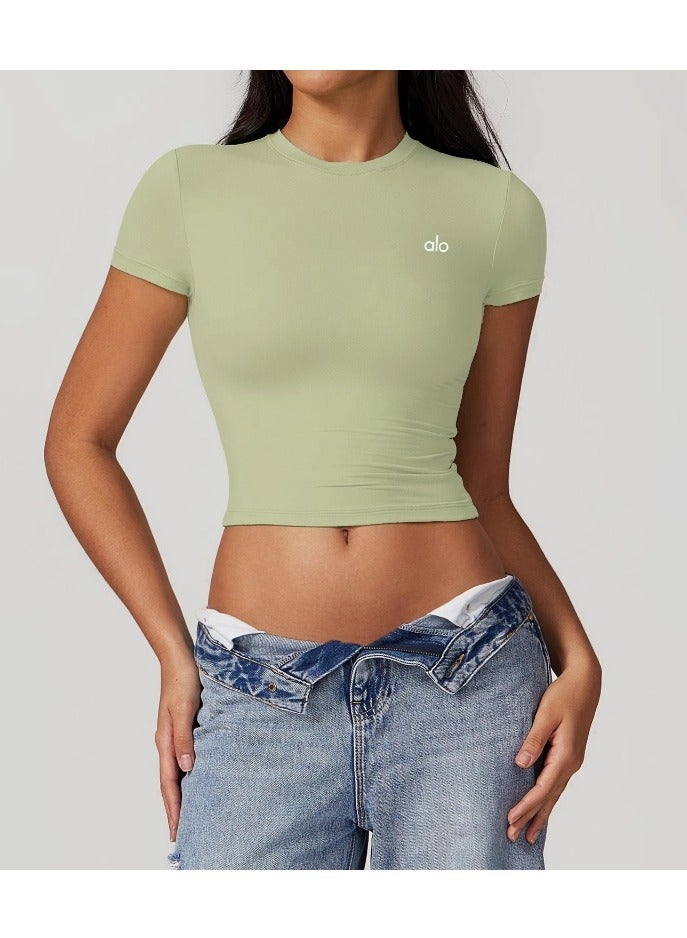 alo ALO Lady Sports Short Sleeve - Pilates Training Short Sleeves - Women's Yoga Wear - Quick Dry T-Shirts (Grass Green)