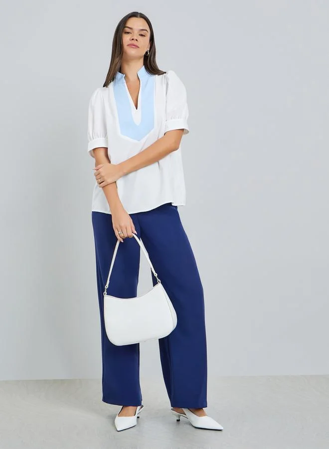 Take Two White Puff Sleeve Contrast Neckline Top