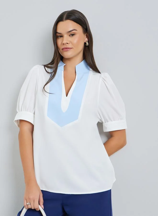 Take Two White Puff Sleeve Contrast Neckline Top