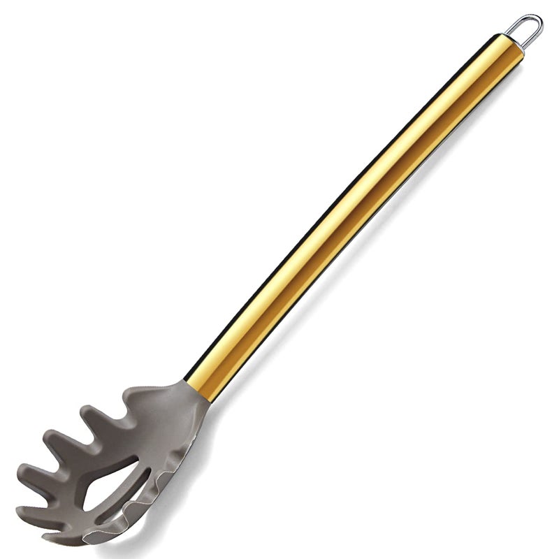 Gold Spaghetti Spoon Berglander Nonstick Silicone Pasta Server With Titanium Gold Plating Handle Spaghetti Server For Cooking Pasta Fork Noddle Fork Dishwasher Safe Easy to Clean