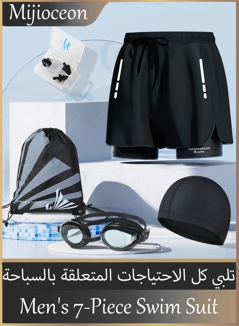 Mijioceon Men's swimming suit, swimming cap, swimming trunks, swimming goggles, nose clip, earplugs essential set  - Image 1