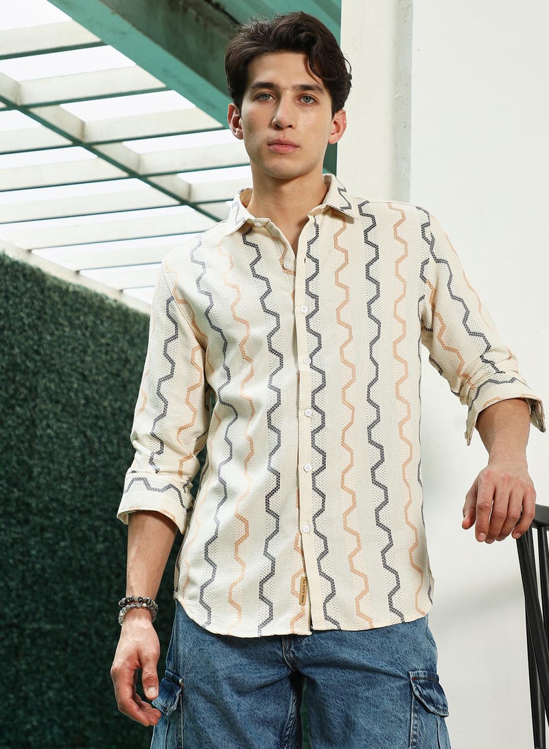 Campus Sutra Men's Off White Zigzag Pattern Full Sleeve Cotton Blend Shirt  - Image 2