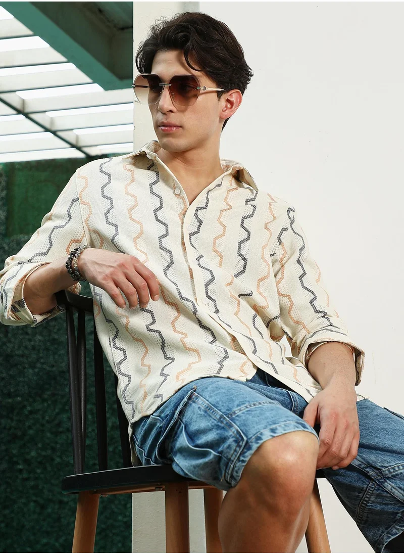 كامبوس سوترا Men's Off White Zigzag Pattern Full Sleeve Cotton Blend Shirt