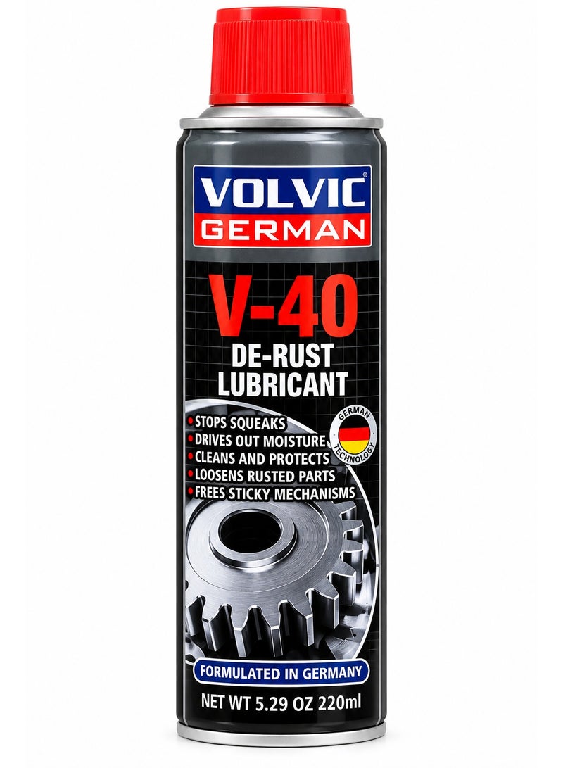 بخاخ VOLVIC GERMAN V-40 مزيل صدأ ومزلق متعدد الاستخدامات سعة 220 مل، يساعد على فك الأجزاء الصدئة وتشحيم المفصلات والأقفال والبراغي والنوابض والآليات العالقة وطرد الرطوبة وتقليل الصرير وتنظيف وحماية الأسطح المعدنية، مناسب للسيارات والمنزل والورشة والأدوات، تركيبة مطورة في ألمانيا