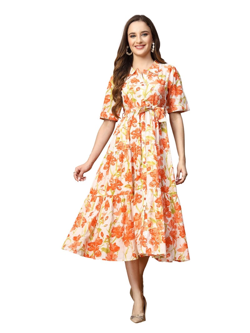Stylum Women's Floral Printed Cotton Flared Dress Orange - Image 1