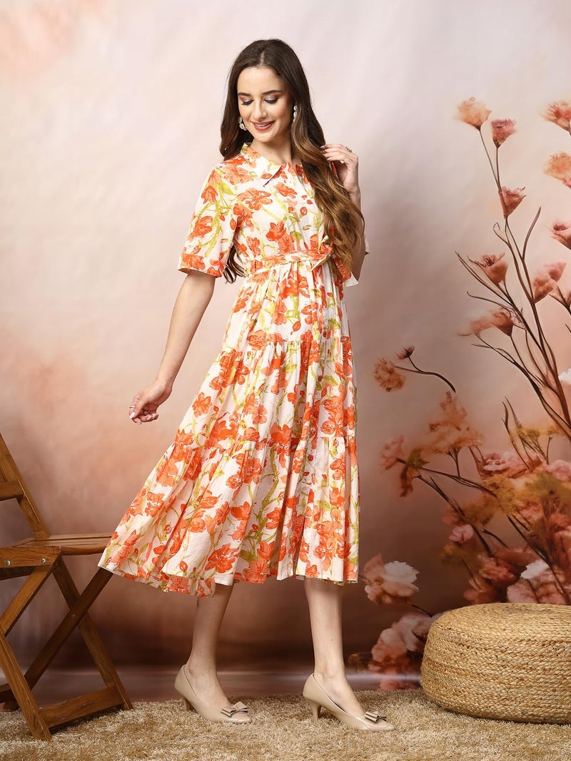 Stylum Women's Floral Printed Cotton Flared Dress Orange - Image 3