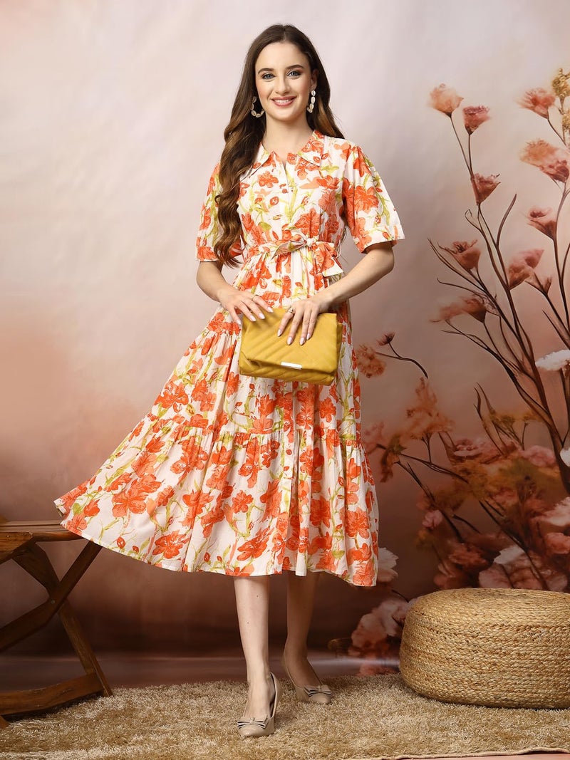 Stylum Women's Floral Printed Cotton Flared Dress Orange - Image 5