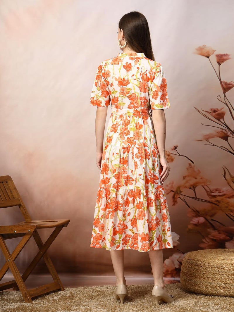 Stylum Women's Floral Printed Cotton Flared Dress Orange - Image 2