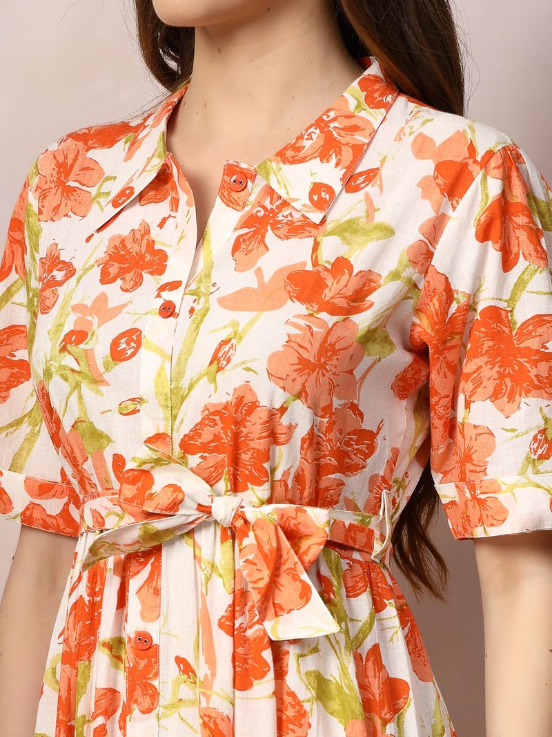 Stylum Women's Floral Printed Cotton Flared Dress Orange - Image 4
