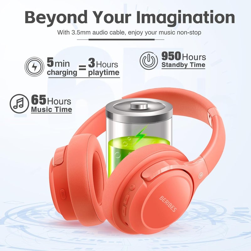 BERIBES Bluetooth Headphones Over Ear,BERIBES 65H Playtime and 6 EQ Music Modes Wireless Headset with Microphone,HiFi Stereo Foldable Lightweight, Deep Bass for Home Office Outdoors Etc(Orange Red) - Image 5