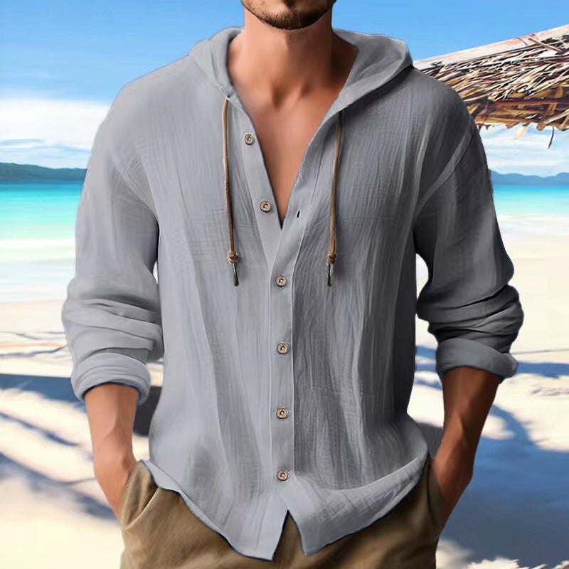 Generic Cross-border Mens Sports Casual Long Sleeve Shirt Cotton Linen Hooded Fashion Sweatshirt Trendy All-match Loose Beach T-shirt Grey