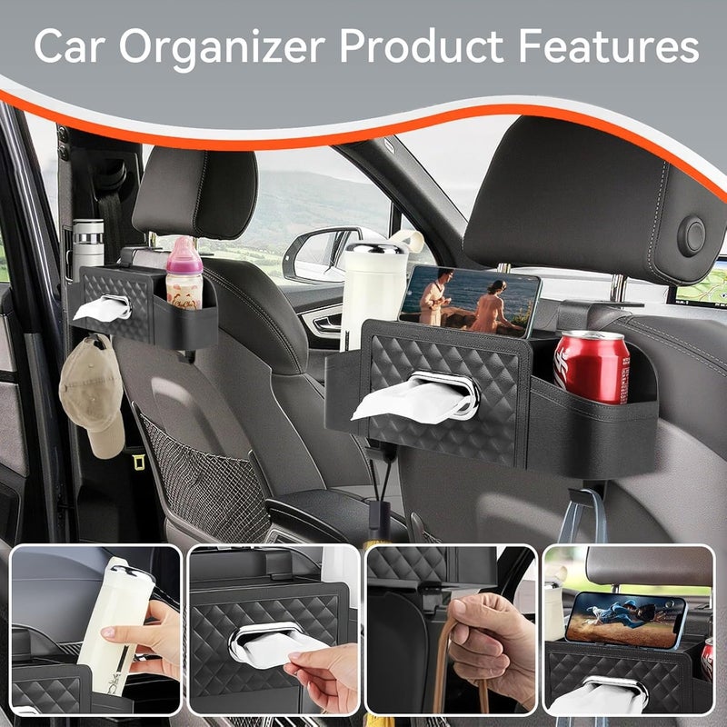 Car Back Seat Storage Organizer with Cup Holders and Tissue Box - Black - Image 2