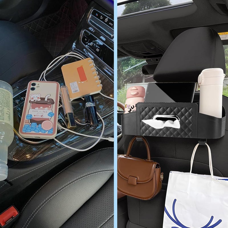 Car Back Seat Storage Organizer with Cup Holders and Tissue Box - Black - Image 3
