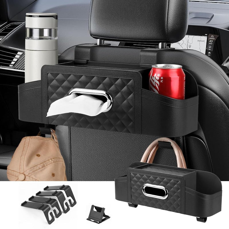 Car Back Seat Storage Organizer with Cup Holders and Tissue Box - Black - Image 1