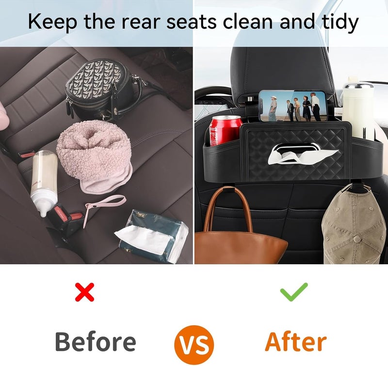 Car Back Seat Storage Organizer with Cup Holders and Tissue Box - Black - Image 4
