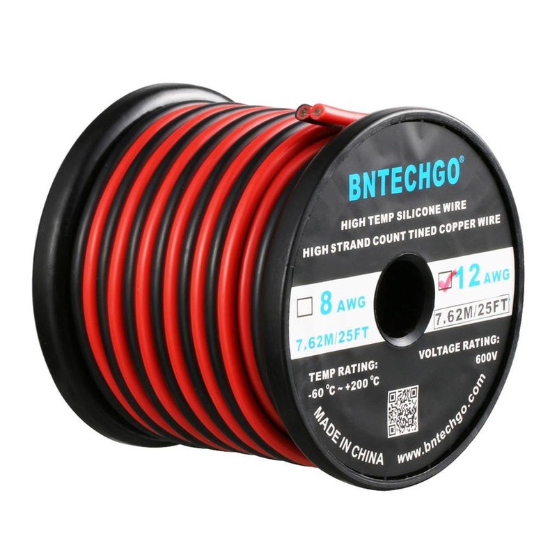 BNTECHGO 12 Gauge Flexible 2 Conductor Parallel Silicone Wire Spool Red Black High Resistant 200 deg C 600V for Single Color LED Strip Extension Cable CordModel25ft Stranded Tinned Copper Wire - Image 2