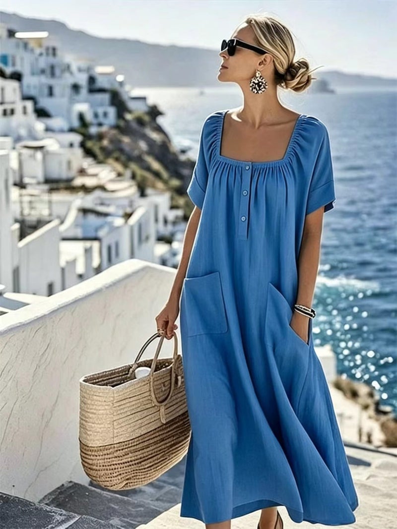 فستان نسائي بقبة مربعة بأكمام قصيرة وأزرار أمامية بطول متوسط - Image 3