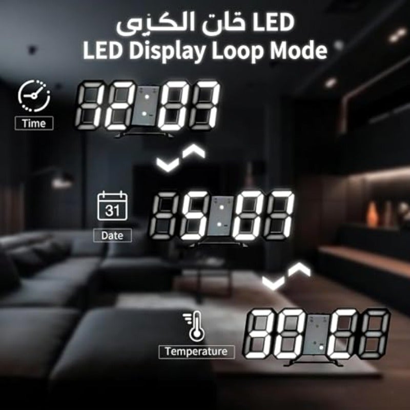 3D Digital Alarm ClockWall LED Number Time Clock with 3 Auto Adjust Brightness LevelsModern Night Light LED Electronic Clock Date Temperature Display black - Image 4