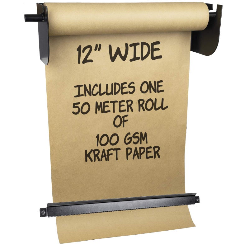 Excello Global Products Wall Mounted Kraft Paper Dispenser  Cutter Includes 50 Meter Long Kraft Paper Roll  Perfect for toDo Lists Daily Specials Menus and Other Note Taking 12 Inches Wide 