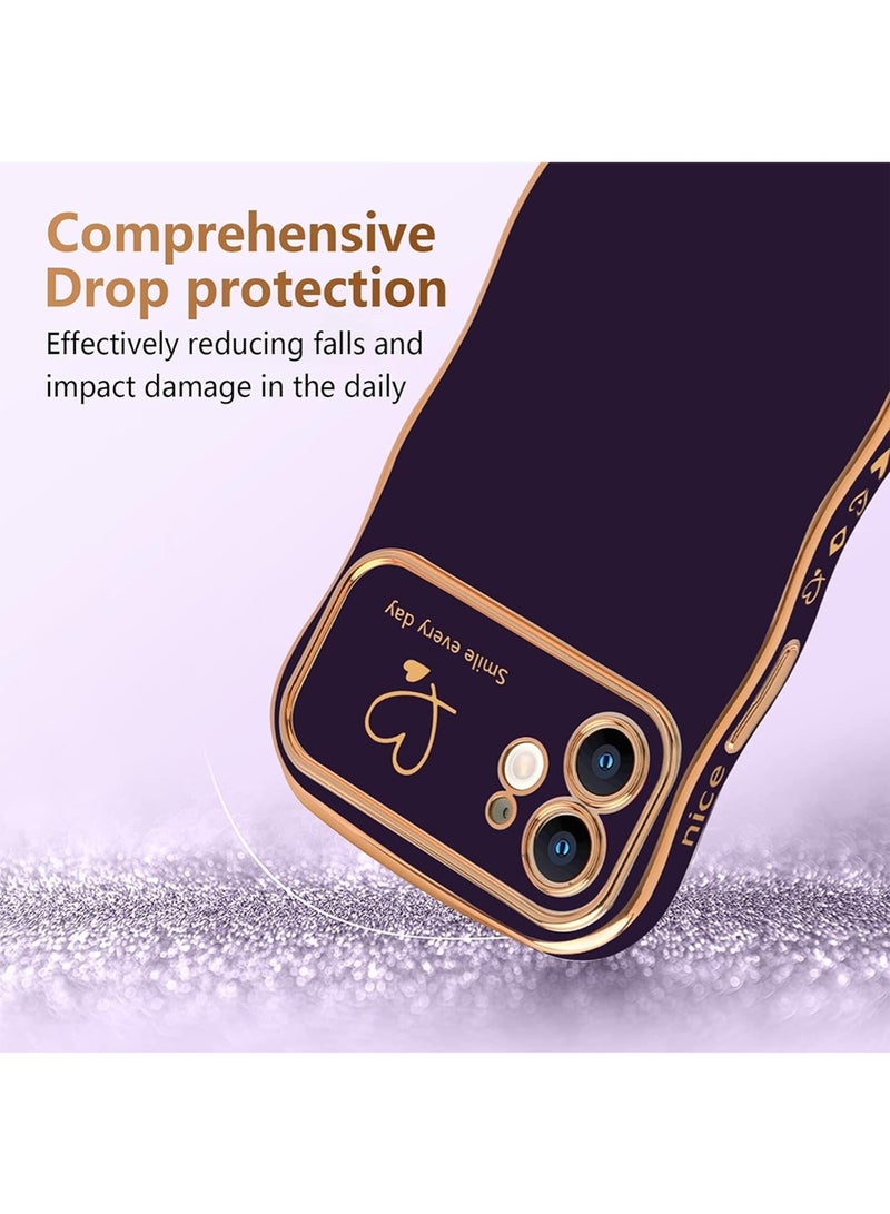WRISTWISE Case Cover for iPhone 12, Cute Wave Frame Curly Shape with Love Heart Pattern Raised Camera Protection Cover Luxury Plating Shockproof Phone Case for iPhone 12, Purple - Image 3