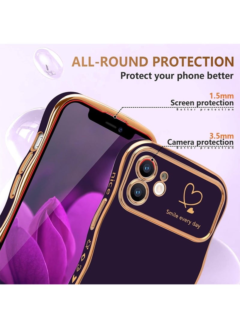 WRISTWISE Case Cover for iPhone 12, Cute Wave Frame Curly Shape with Love Heart Pattern Raised Camera Protection Cover Luxury Plating Shockproof Phone Case for iPhone 12, Purple - Image 4