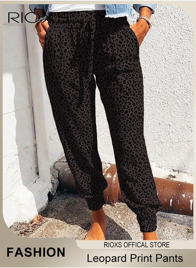 RIOXS - Women's Casual Drawstring Tie Trouser Casual Leopard Elastic Waist Pants  Loose Jogger Track Pants With Pockets - Image 1