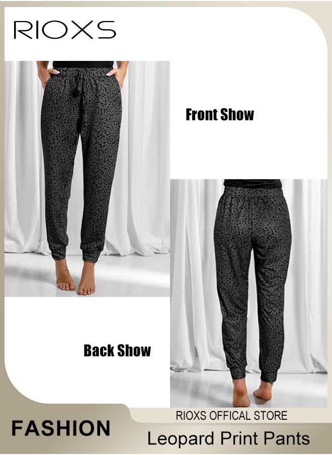 RIOXS - Women's Casual Drawstring Tie Trouser Casual Leopard Elastic Waist Pants  Loose Jogger Track Pants With Pockets - Image 1
