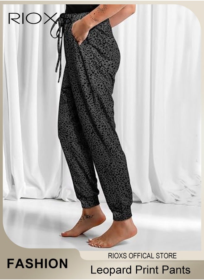 RIOXS - Women's Casual Drawstring Tie Trouser Casual Leopard Elastic Waist Pants  Loose Jogger Track Pants With Pockets - Image 1